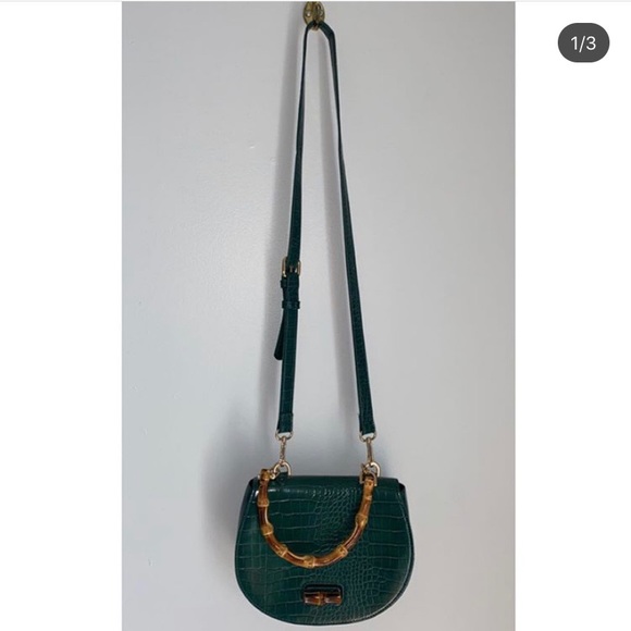 Green Leather, Bamboo Detailed Purse.